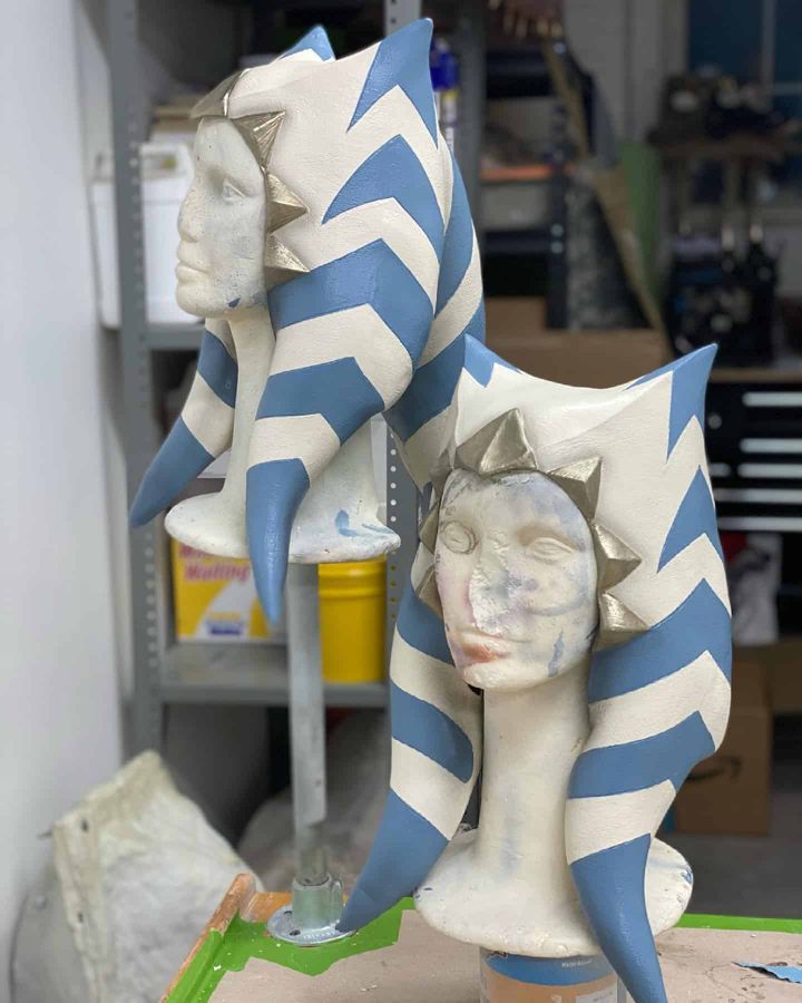 Finished Clone Wars Ahsoka Tano headpieces with blue and white montrals