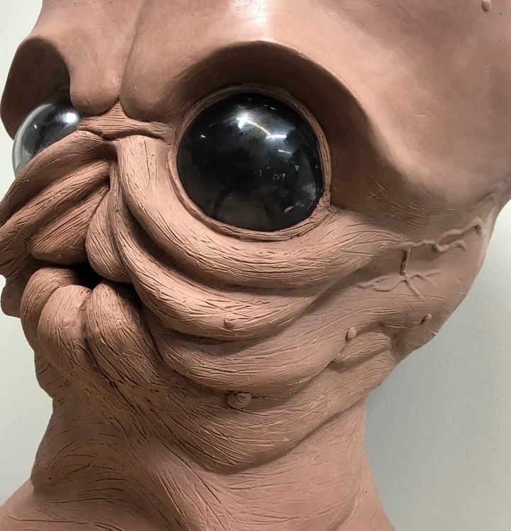 Close-up of sculpted wrinkles and eye on an unpainted Bith mask