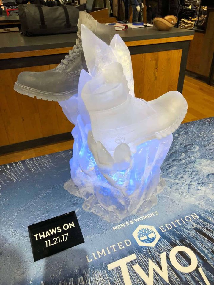 Timberland boot frozen in a clear ice-effect display block