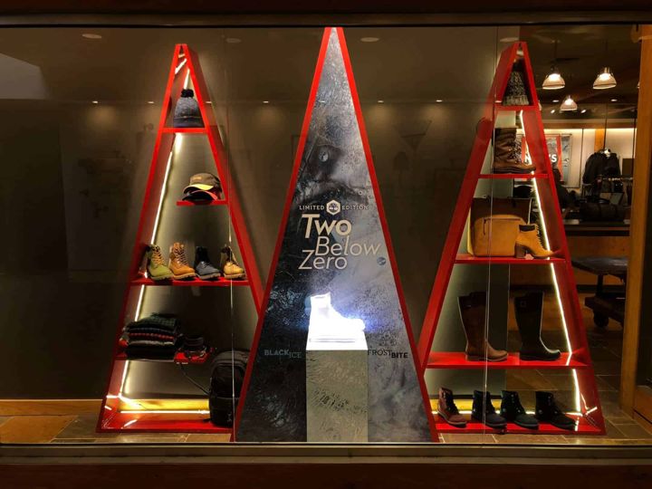 Timberland retail shelving with ice boot displays